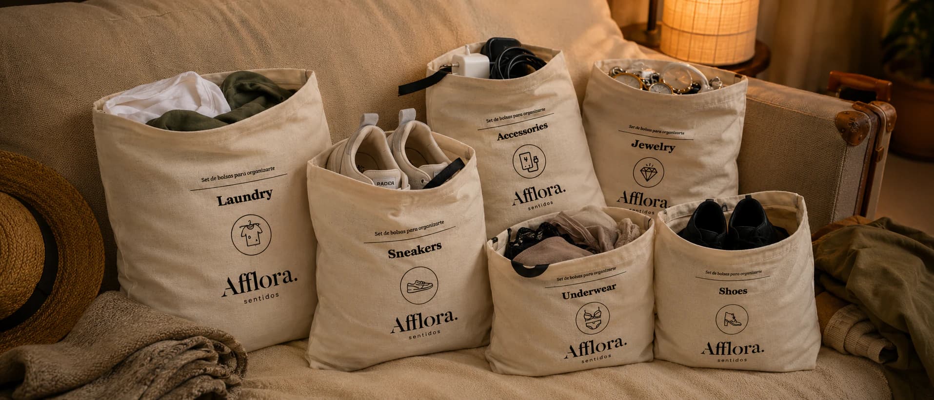 Set de Viaje Afflora — bolsas agrupadas