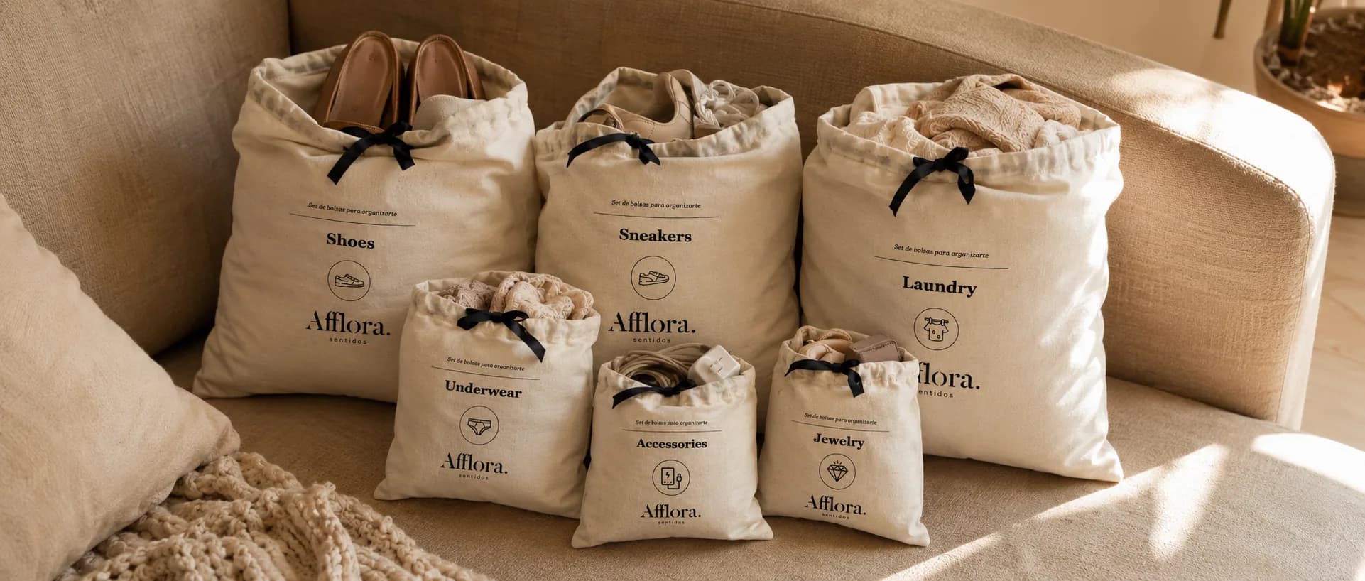 Set de Viaje Afflora — bolsas agrupadas